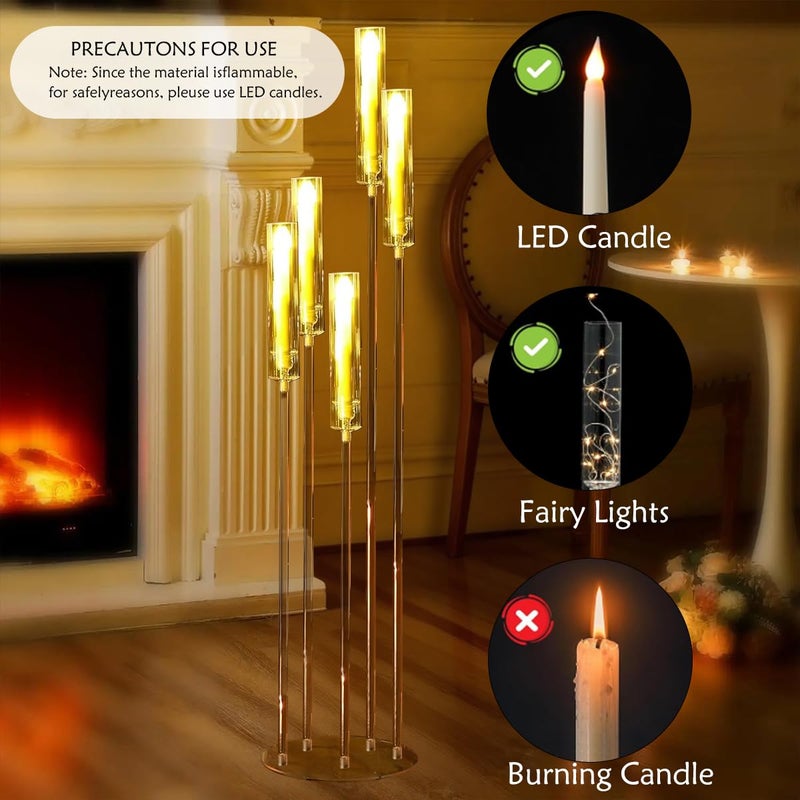 Fullvaseer 4pcs 5 Arm Acrylic Candelabra,Clear Candle Holder for Wedding,45.7inch Tall Floor Candle Holders for Ceremony Birthday Party Home Decoration Fit 0.8 LED Candles - Image 4
