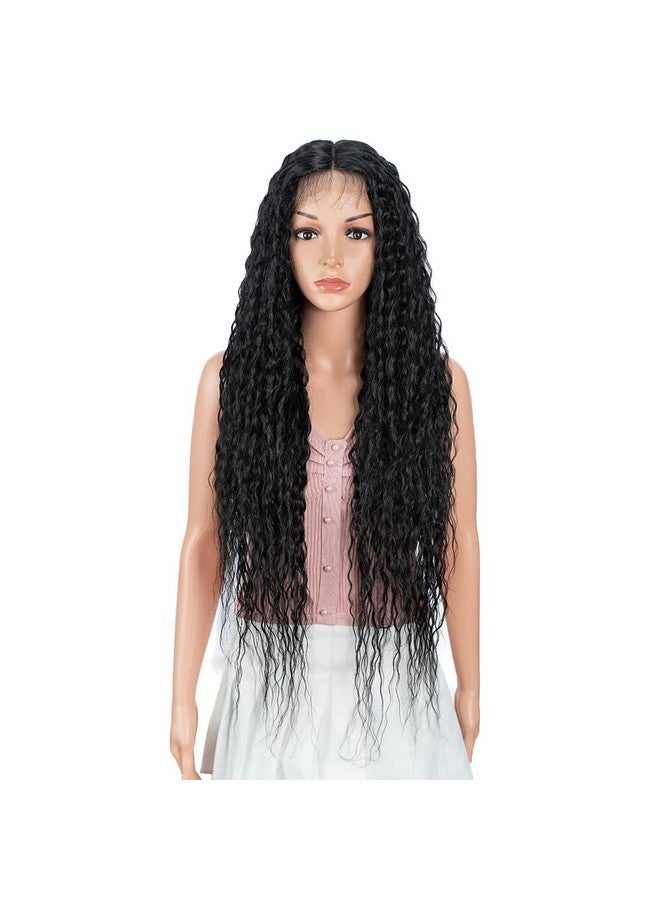 Joedir 32" Long Deep Curly Wavy Lace Front Synthetic Wigs Hd Transparent Glueless Lace Wig Heat Resistant Fiber Pre Plucked Hairline With Baby Hair Wig For Women(Black Color) - Image 2