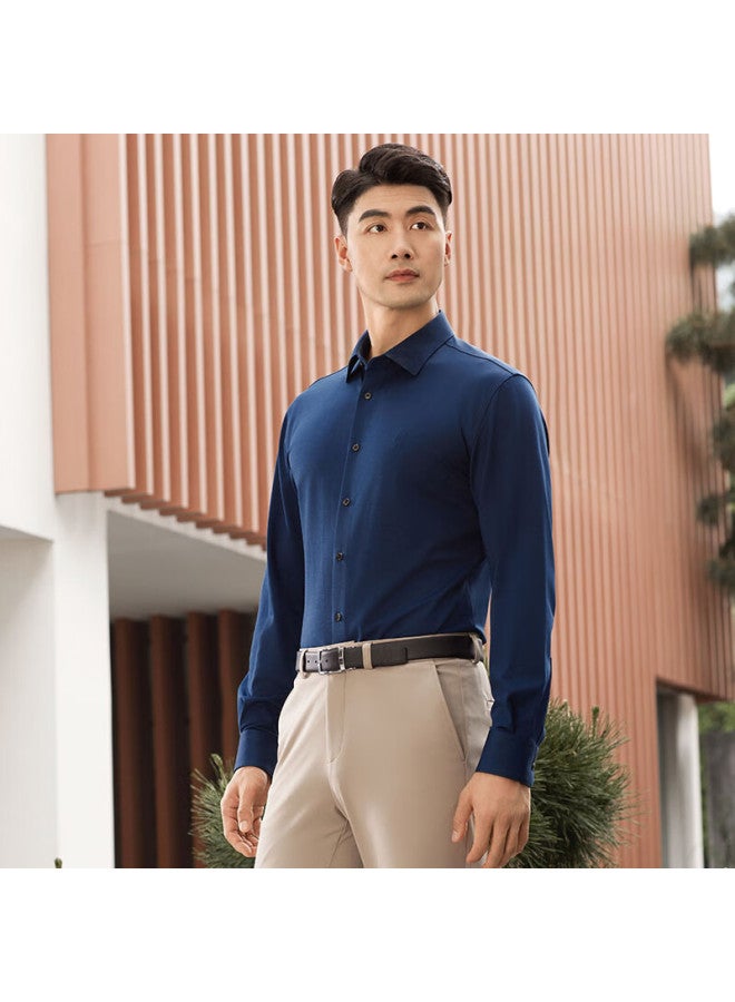 Ouding First-class High-stretch Shirt For Men, Deep Peony Blue Long-sleeve Business Wrinkle-resistant Non-iron Dress Shirt, Deep Peony Blue Solid Color, Size 42 - Image 2