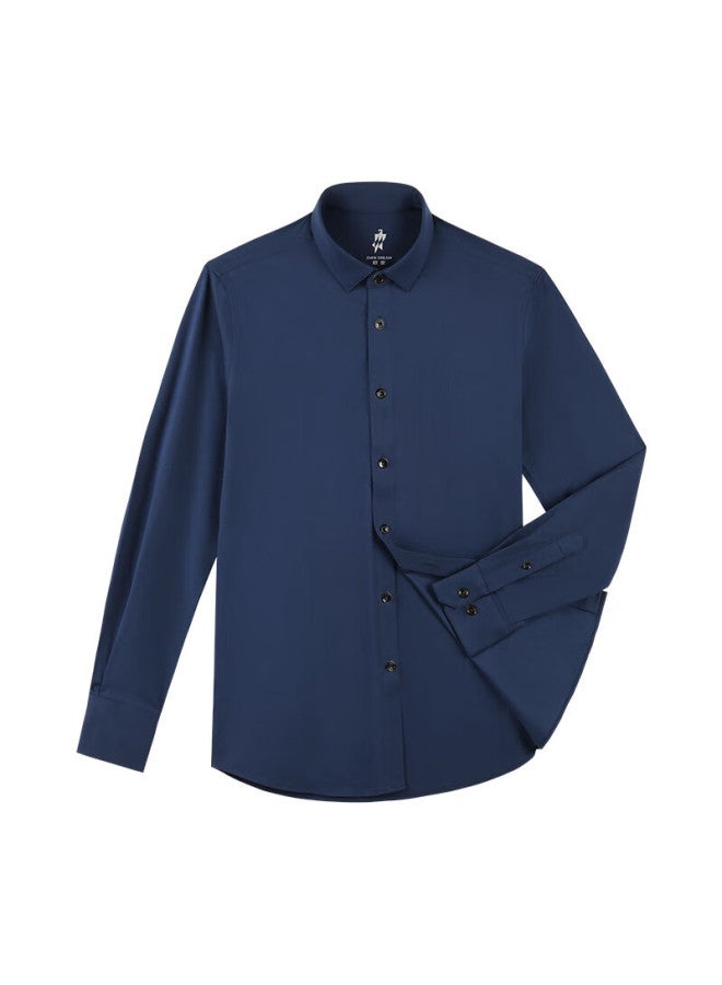 Ouding First-class High-stretch Shirt For Men, Deep Peony Blue Long-sleeve Business Wrinkle-resistant Non-iron Dress Shirt, Deep Peony Blue Solid Color, Size 42 - Image 4