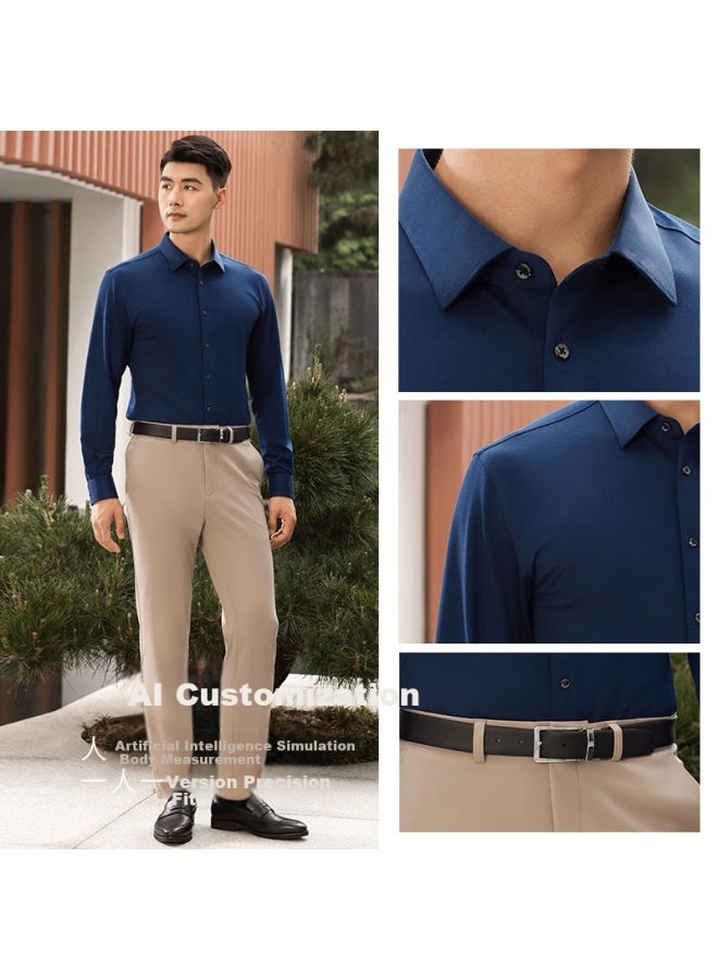 Ouding First-class High-stretch Shirt For Men, Deep Peony Blue Long-sleeve Business Wrinkle-resistant Non-iron Dress Shirt, Deep Peony Blue Solid Color, Size 42 - Image 1