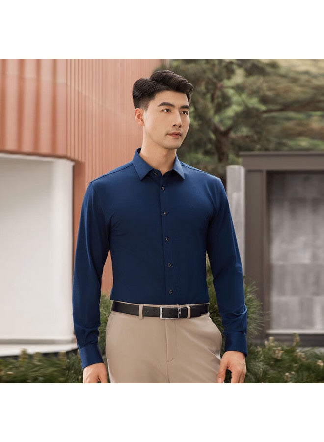 Ouding First-class High-stretch Shirt For Men, Deep Peony Blue Long-sleeve Business Wrinkle-resistant Non-iron Dress Shirt, Deep Peony Blue Solid Color, Size 42 - Image 3