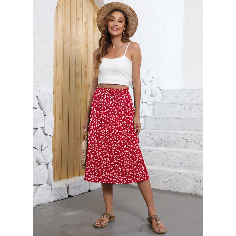 Witsmile Midi Skirts for Women Summer Flowy Elastic Waist Pleated Skirts for Women Dressy Casual(FP Red,2XL) - Image 2