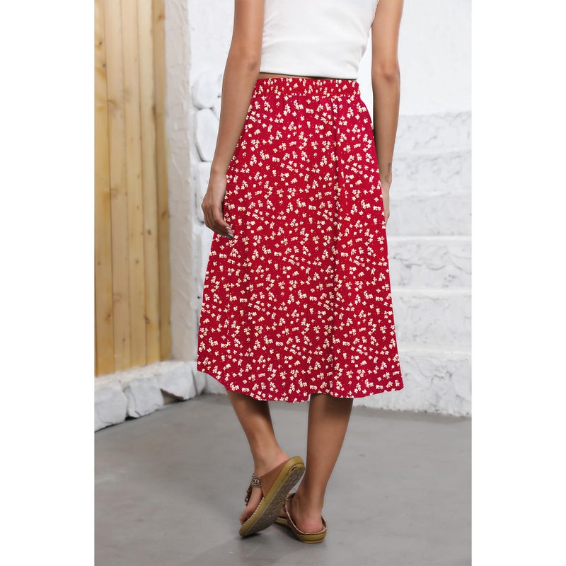 Witsmile Midi Skirts for Women Summer Flowy Elastic Waist Pleated Skirts for Women Dressy Casual(FP Red,2XL) - Image 3