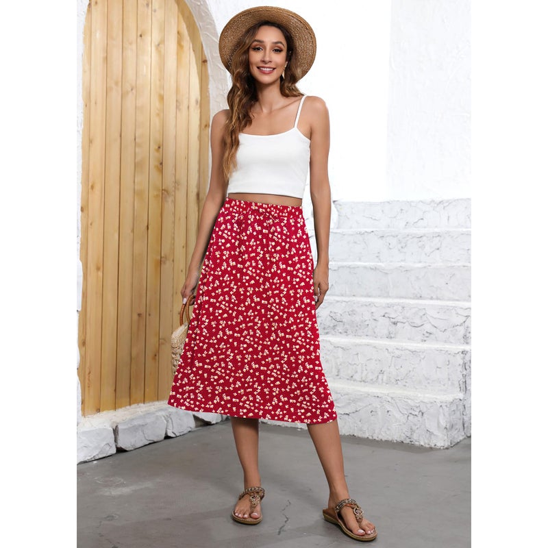 Witsmile Midi Skirts for Women Summer Flowy Elastic Waist Pleated Skirts for Women Dressy Casual(FP Red,2XL) - Image 5