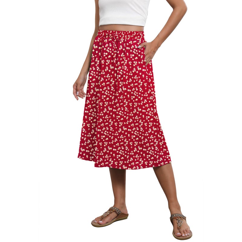 Witsmile Midi Skirts for Women Summer Flowy Elastic Waist Pleated Skirts for Women Dressy Casual(FP Red,2XL) - Image 1