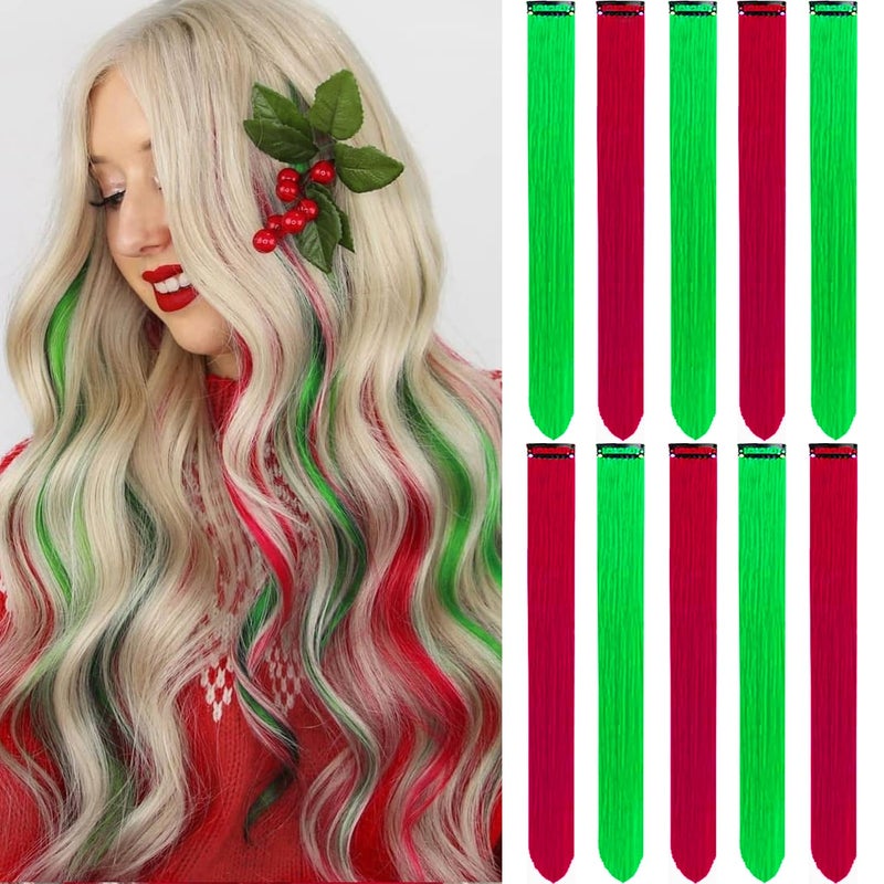 LADYAMZ Colored Hair Extensions 10 PCS Colorful Party Highlights Clip in Long Synthetic Hairpieces Red and Green Hair Extensions Accessories for Girls Women Kids Cosplay Gifts 22 Inch
