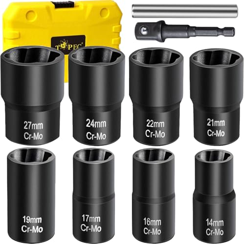 Topec Bolt Extractor Set, 10 Piece Lug Nut Remover Socket Tool, 1/2" Drive Impact Wheel Lock Removal Kit for Removing Damaged, Dead, Rusted, Rounded-Off Bolts, Lug Nuts & Screws - Image 1
