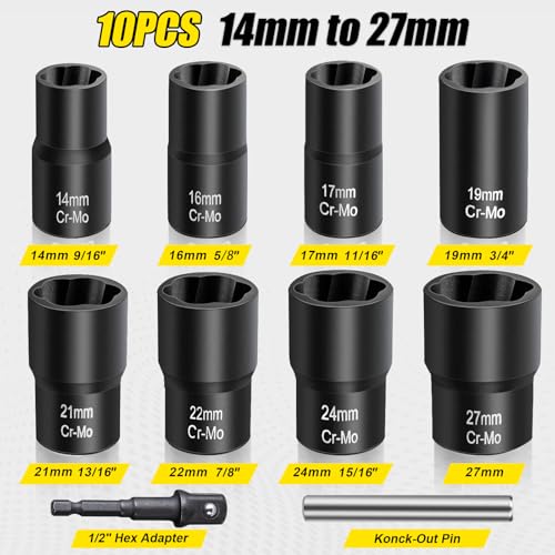 Topec Bolt Extractor Set, 10 Piece Lug Nut Remover Socket Tool, 1/2" Drive Impact Wheel Lock Removal Kit for Removing Damaged, Dead, Rusted, Rounded-Off Bolts, Lug Nuts & Screws - Image 3