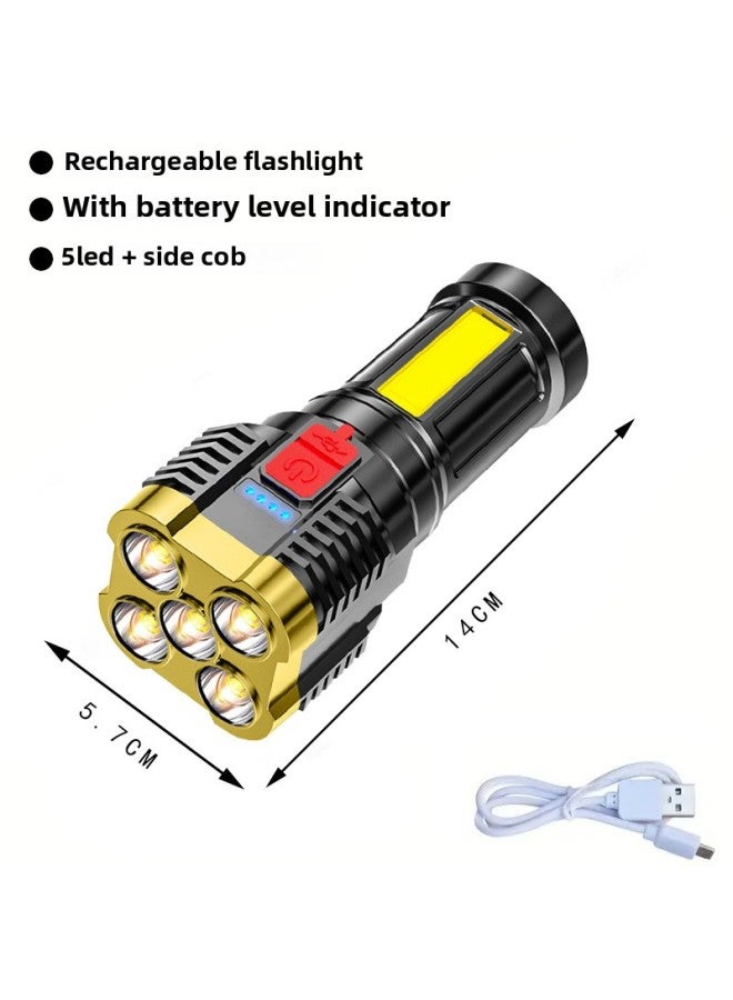 LED Flashlight Small Outdoor Multi-function Cob Work Light USB Rechargeable Portable Mini Flashlight Wholesale-Product Specifications:5 Cores-gilt Yellow  - Image 1