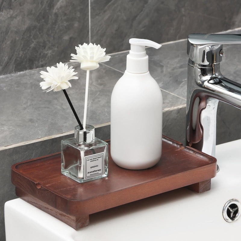 Hiitytin Wood Riser Small Decorative Tray Sink Soap Dish  Vanity Tray Pedestal Stand 9 X 5.9 Inches (Dark Brown) - Image 2