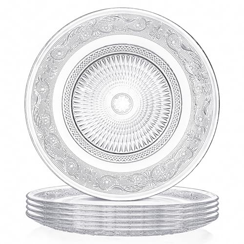 Elsjoy 6 Pack 10 Inch Large Glass Dinner Plate, Clear Round Serving Plate Vintage Embossed Dinnerware for Salad, Pasta, Fruits - Image 1