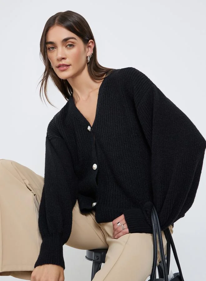 Styli Styli Elegant Black Knit Buttoned Cardigan