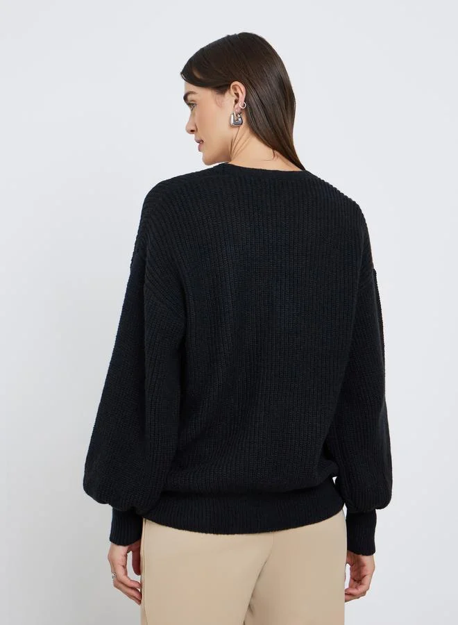 Styli Styli Elegant Black Knit Buttoned Cardigan