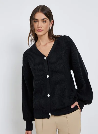 Styli Styli Elegant Black Knit Buttoned Cardigan