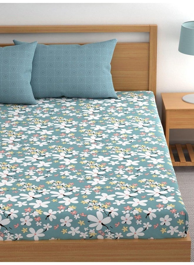 LOOMLYFE 300 TC Cotton Feel Glace Cotton Elastic Fitted Printed Queen Size Double Bed Bedsheet with 2 Pillow Covers Fits Upto 8 inches,Size- 60x78x10 Inches, SkyBlueFlower - Image 2