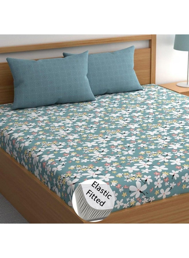 LOOMLYFE 300 TC Cotton Feel Glace Cotton Elastic Fitted Printed Queen Size Double Bed Bedsheet with 2 Pillow Covers Fits Upto 8 inches,Size- 60x78x10 Inches, SkyBlueFlower - Image 1