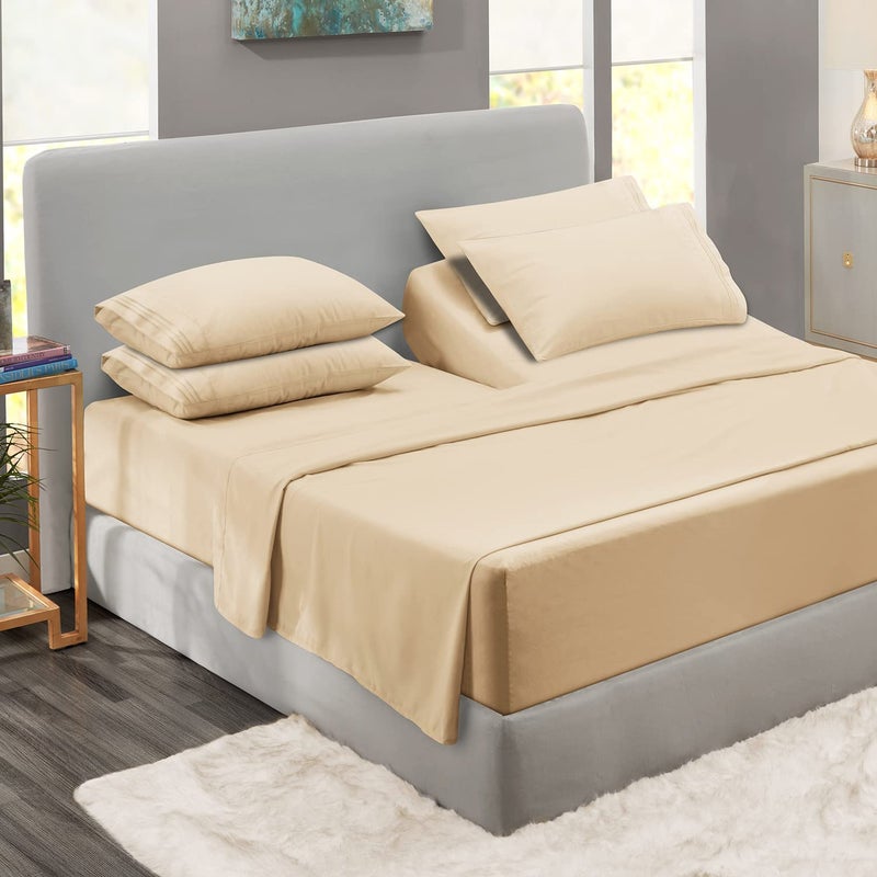 Clara Clark Clara Clark Flex Top King Sheets 6 Piece Set  Hotel Luxury Sheets for Top Split King Bed Super Soft Bedding Set Head Split King Beige Cream 