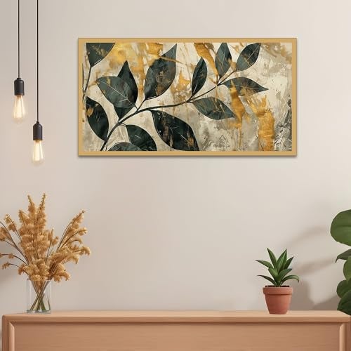 DEKORSTATION Abstract Modern Art Floral Green Leaves Canvas Wall Painting|Nature Wall Painting|Painting for Wall Decoration|Green Leaf Paintings with Frame for Living Room|Size: 12x24 Inch (FF_887DS) - Image 1