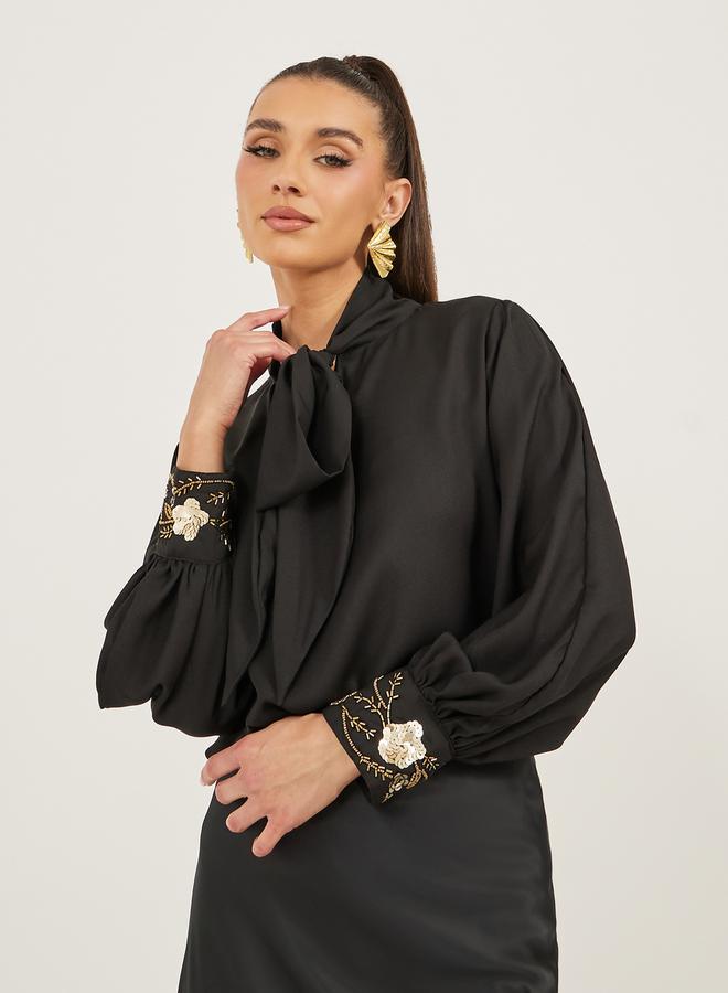 Styli Sequin Embroidered Detail Tie-Up Neck Blouse  - Image 1
