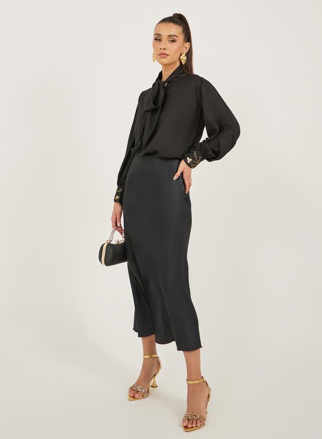 Styli Sequin Embroidered Detail Tie-Up Neck Blouse  - Image 2