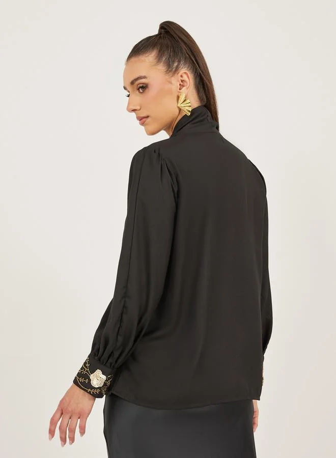 Styli Sequin Embroidered Detail Tie-Up Neck Blouse