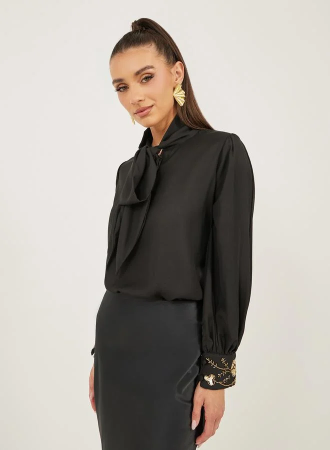 Styli Sequin Embroidered Detail Tie-Up Neck Blouse