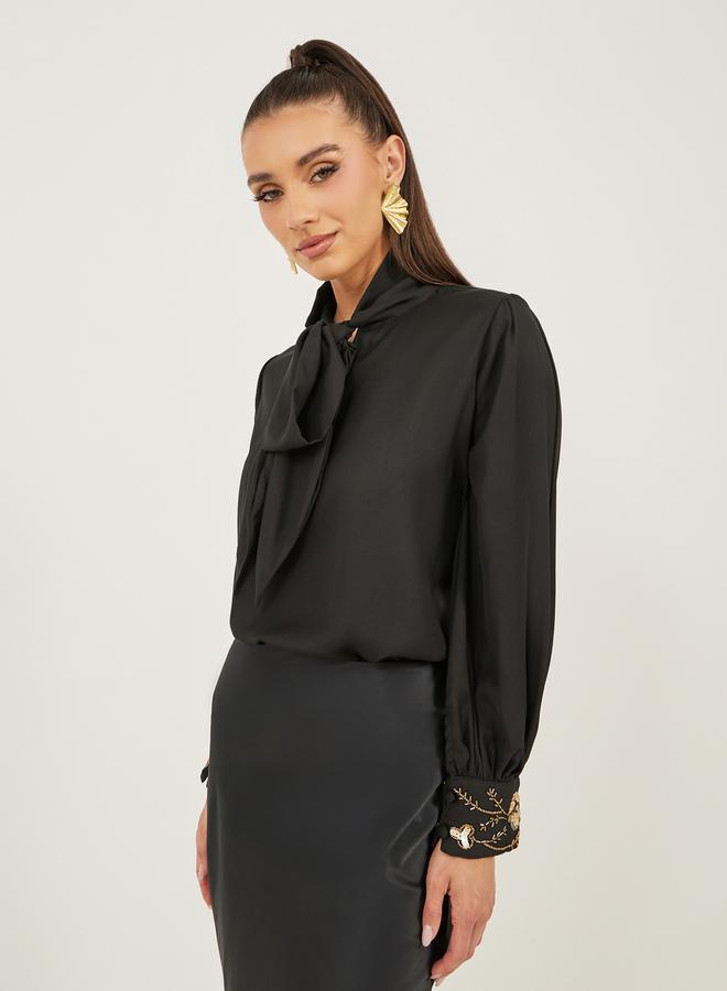 Styli Sequin Embroidered Detail Tie-Up Neck Blouse  - Image 4