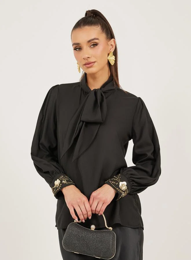 Styli Sequin Embroidered Detail Tie-Up Neck Blouse