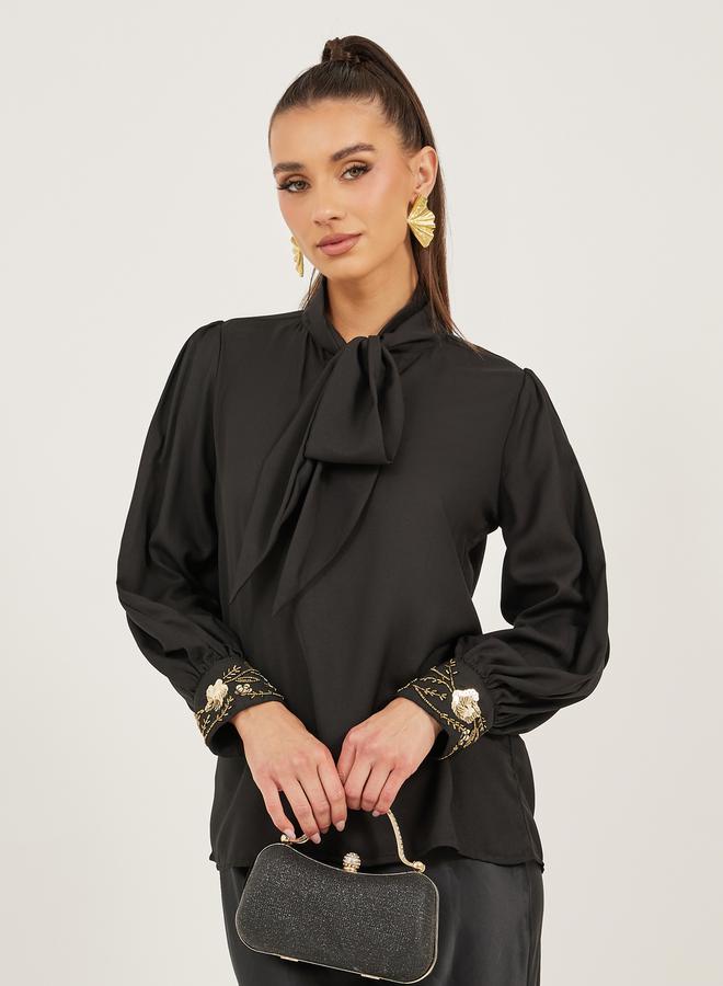 Styli Sequin Embroidered Detail Tie-Up Neck Blouse  - Image 3