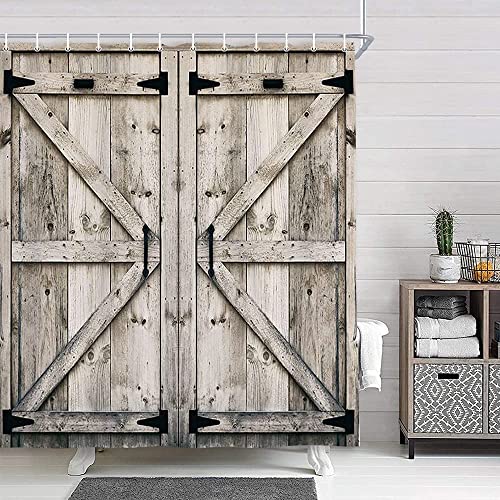NYMB Rustic Wooden Vintage Farmhouse Country Barn Door Shower Curtain with 12 Hooks, Waterproof Garage Cabin Shower Curtain, 69X70in - Image 1