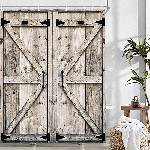 NYMB Rustic Wooden Vintage Farmhouse Country Barn Door Shower Curtain with 12 Hooks, Waterproof Garage Cabin Shower Curtain, 69X70in - Image 2
