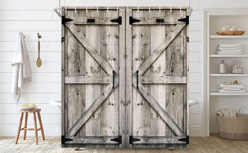 NYMB Rustic Wooden Vintage Farmhouse Country Barn Door Shower Curtain with 12 Hooks, Waterproof Garage Cabin Shower Curtain, 69X70in - Image 5