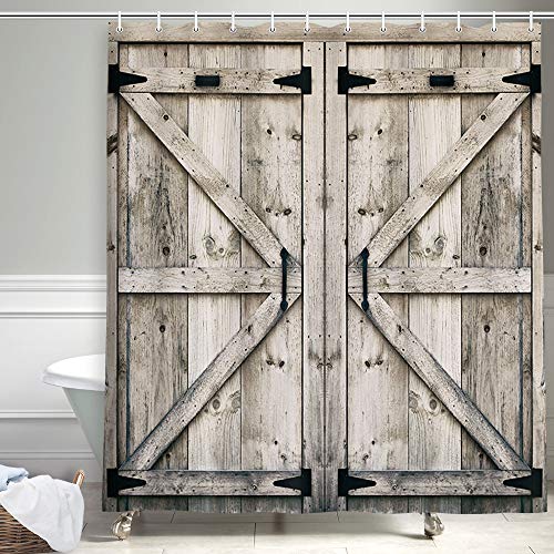 NYMB Rustic Wooden Vintage Farmhouse Country Barn Door Shower Curtain with 12 Hooks, Waterproof Garage Cabin Shower Curtain, 69X70in - Image 4