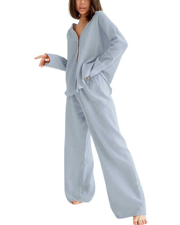 codcm Womens Cotton Gauze Loungewear Sets Casual 2 Piece Sleepwear Button Down Shirt and Wide Leg Pants Outfits(Gray,X-Large) - Image 1