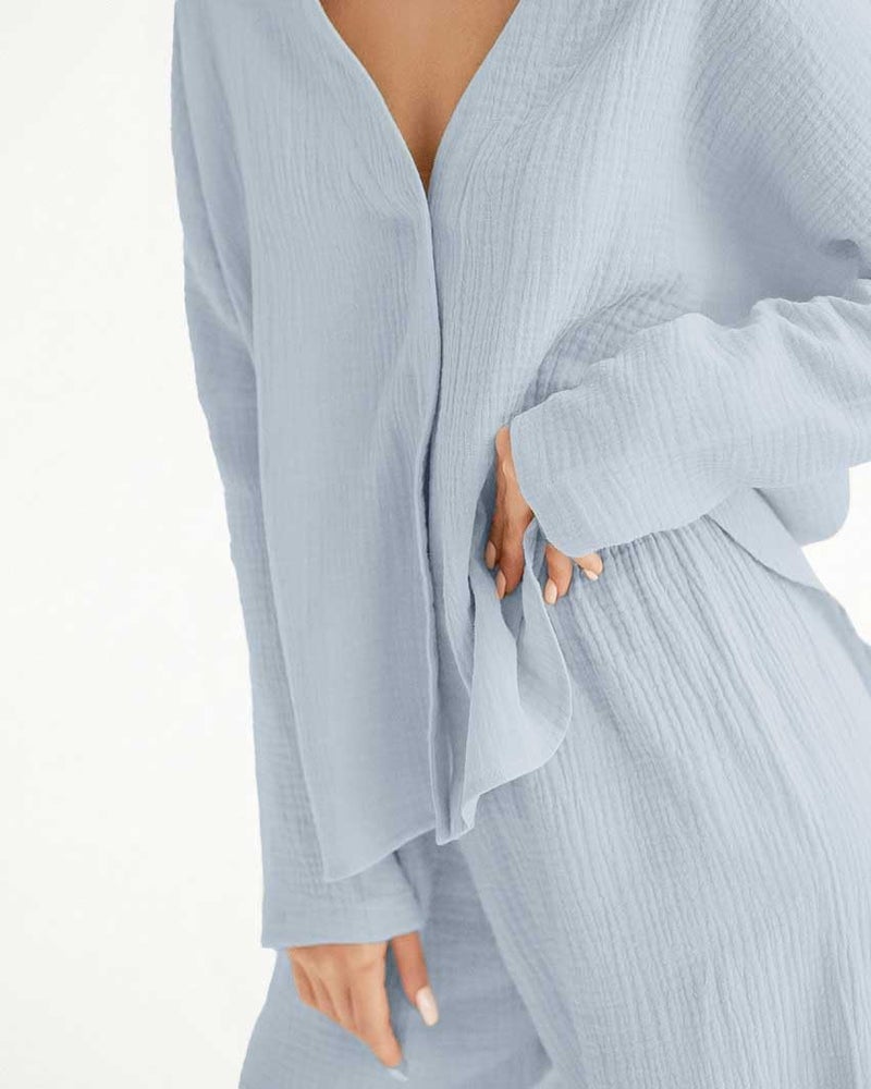 codcm Womens Cotton Gauze Loungewear Sets Casual 2 Piece Sleepwear Button Down Shirt and Wide Leg Pants Outfits(Gray,X-Large) - Image 3