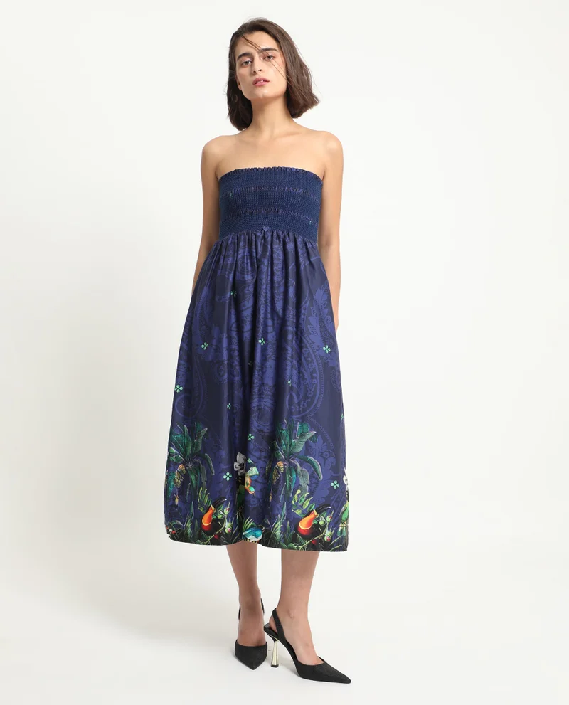 Rareism Rareism Women's Ergen Blue Cotton Fabric Tube Neck   Floral Print Fit And Flare Midi Dress