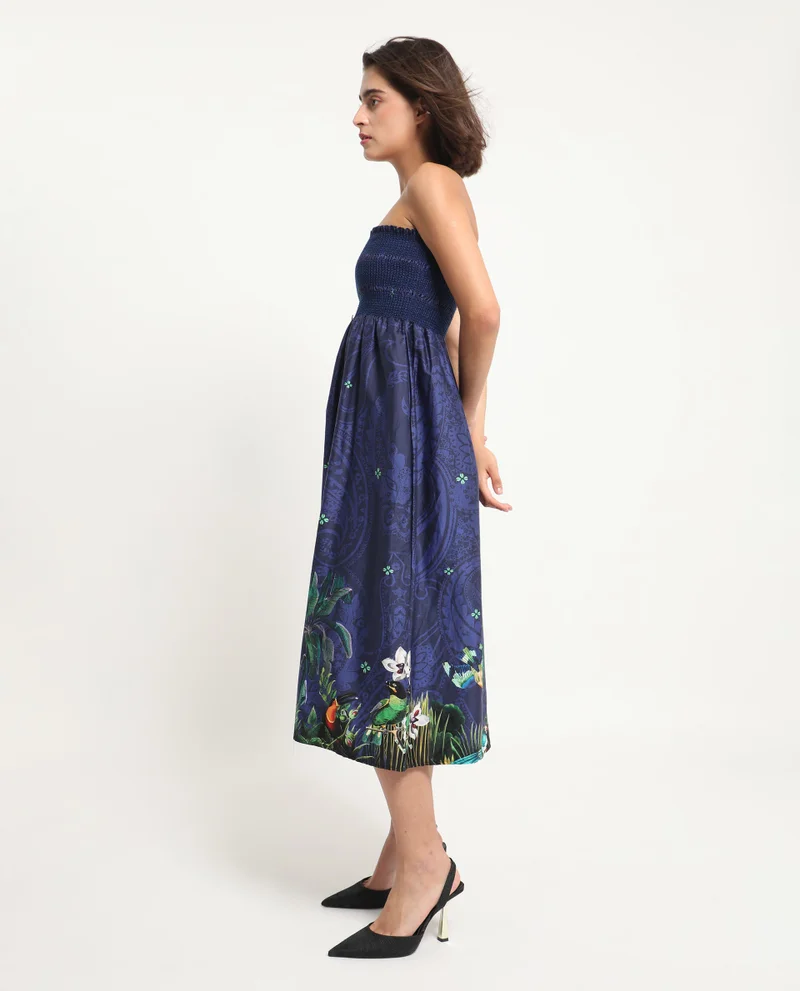 ريريزم Women's Floral Print Smoking Flared Tube Neck Dress