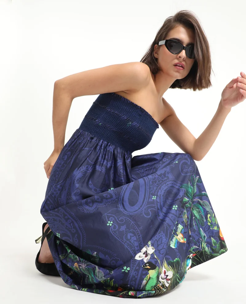 ريريزم Women's Floral Print Smoking Flared Tube Neck Dress