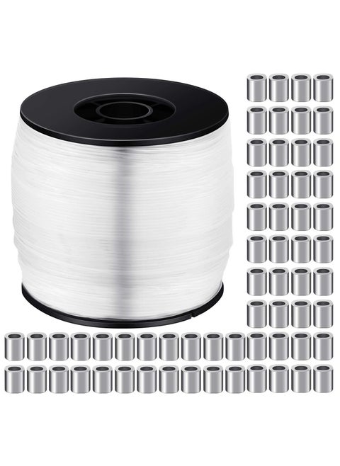 200M Strong Clear Invisible Hanging Wire,0.8 mm Nylon String Picture Frame,Fishing Wire for Hanging Crafts with 120 Pcs Crimping Sleeves for Hanging Picture Decoration