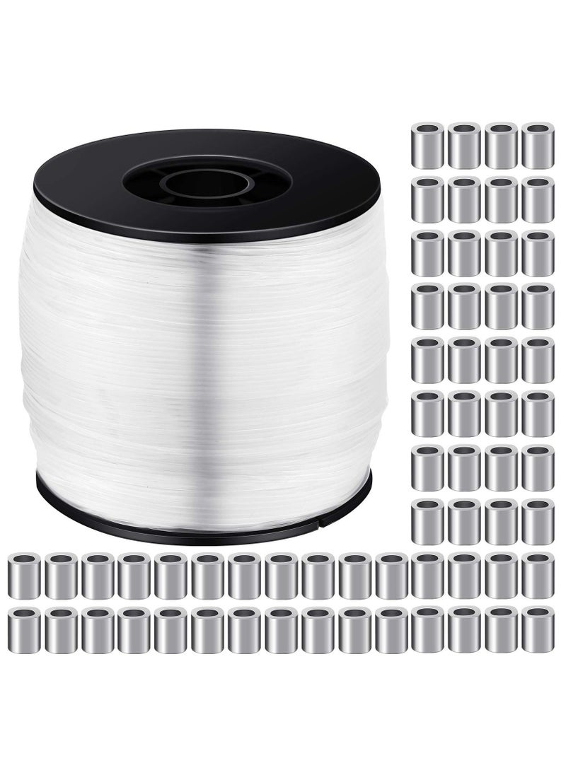 200M Strong Clear Invisible Hanging Wire,0.8 mm Nylon String Picture Frame,Fishing Wire for Hanging Crafts with 120 Pcs Crimping Sleeves for Hanging Picture Decoration