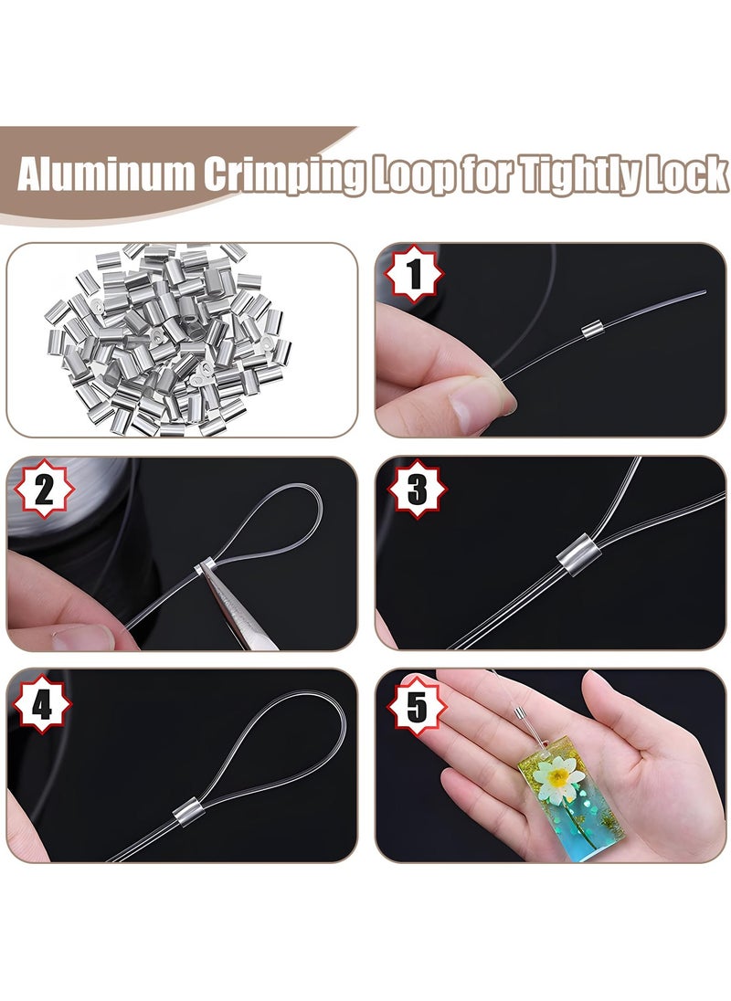 200M Strong Clear Invisible Hanging Wire,0.8 mm Nylon String Picture Frame,Fishing Wire for Hanging Crafts with 120 Pcs Crimping Sleeves for Hanging Picture Decoration