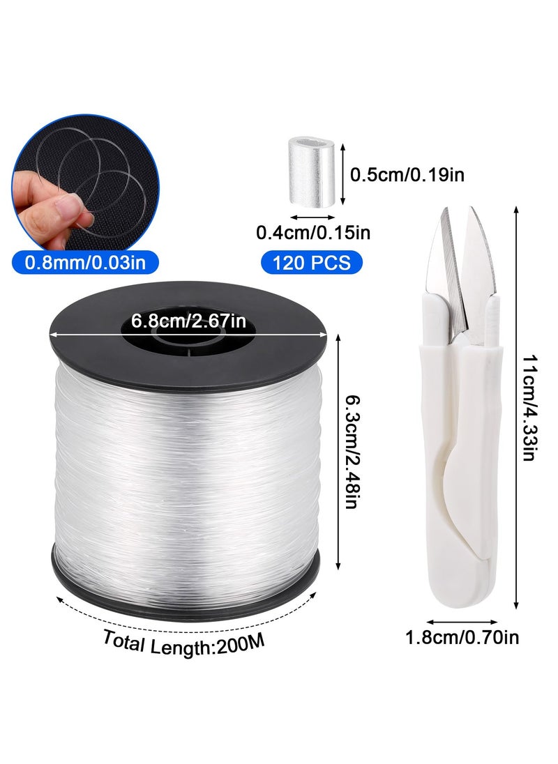 200M Strong Clear Invisible Hanging Wire,0.8 mm Nylon String Picture Frame,Fishing Wire for Hanging Crafts with 120 Pcs Crimping Sleeves for Hanging Picture Decoration