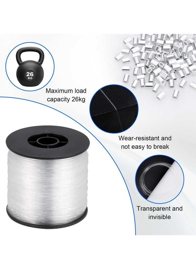 200M Strong Clear Invisible Hanging Wire,0.8 mm Nylon String Picture Frame,Fishing Wire for Hanging Crafts with 120 Pcs Crimping Sleeves for Hanging Picture Decoration