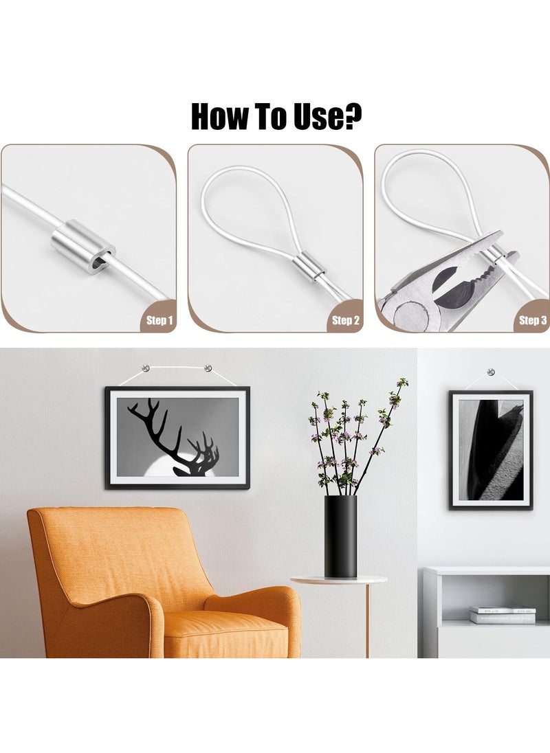 200M Strong Clear Invisible Hanging Wire,0.8 mm Nylon String Picture Frame,Fishing Wire for Hanging Crafts with 120 Pcs Crimping Sleeves for Hanging Picture Decoration