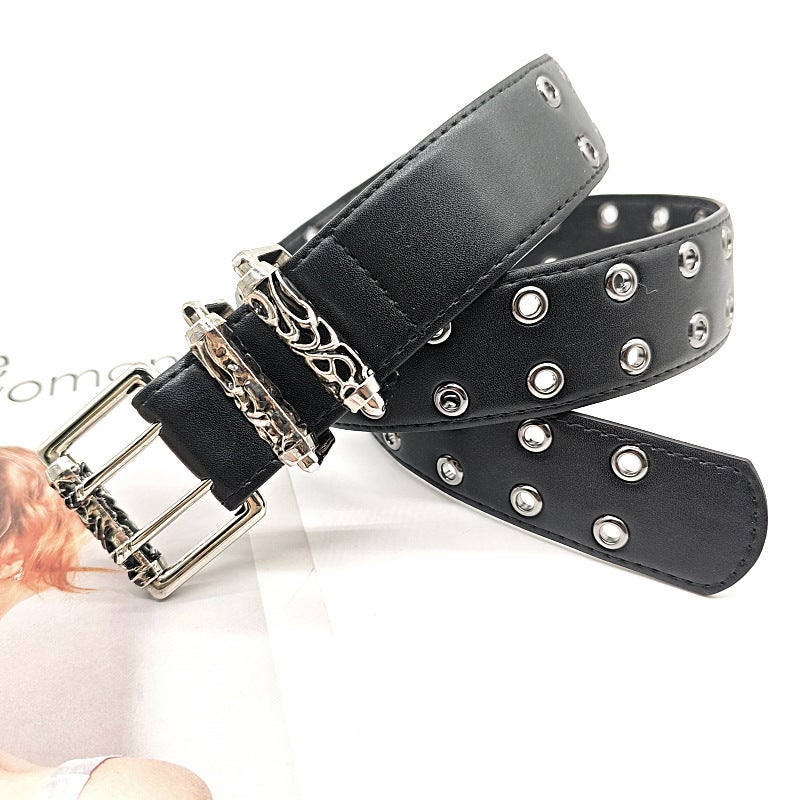 American-style Crowe Carved Roller Full-hole Double-row Eye Buckle Jeans with Full-hole Belt Wide Niche Design Sense Carved double roller 