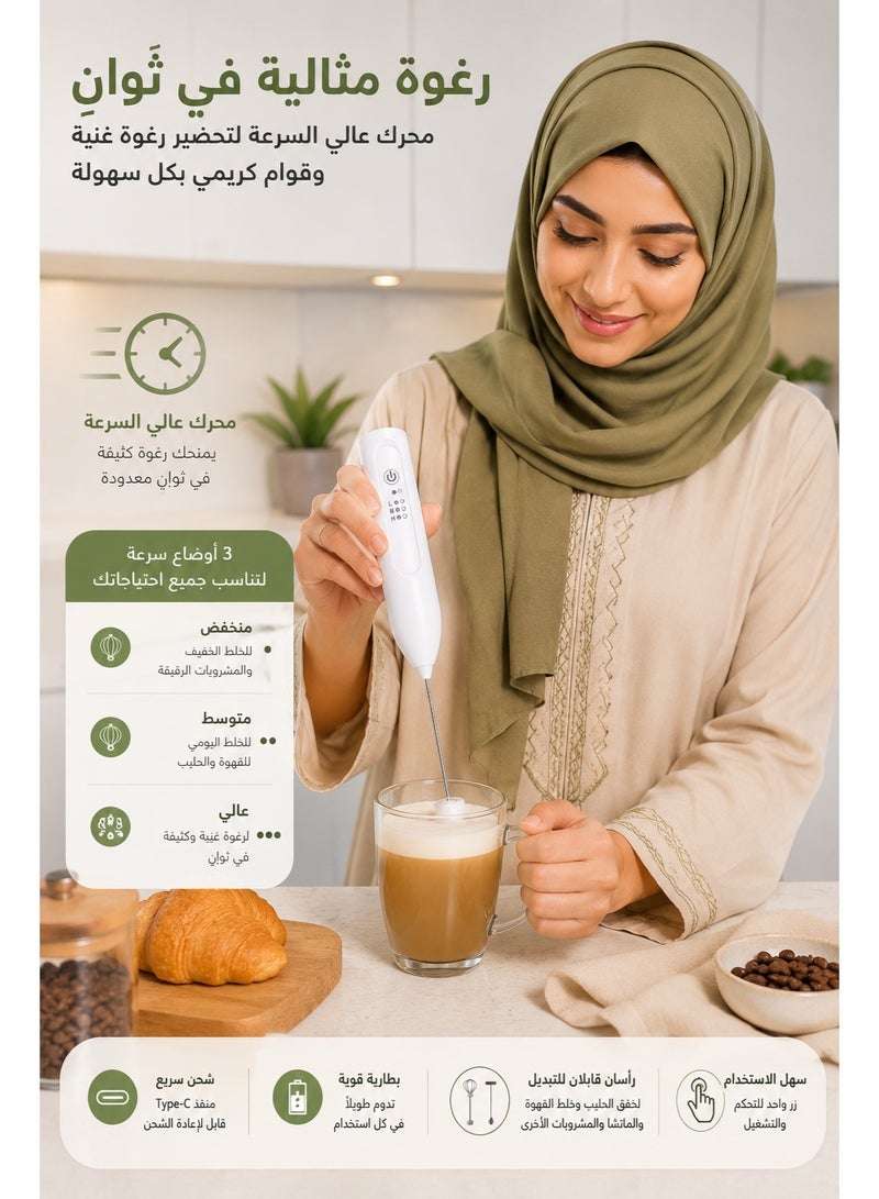 Shopit High Speed Milk Frother Rechargeable, Electric Handheld Coffee Mixer with 2 Interchangeable Stirrer Heads, Coffee Foam Maker, Milk Frother & Drink Mixer for Coffee, Latte, Cappuccino (White) - Image 4