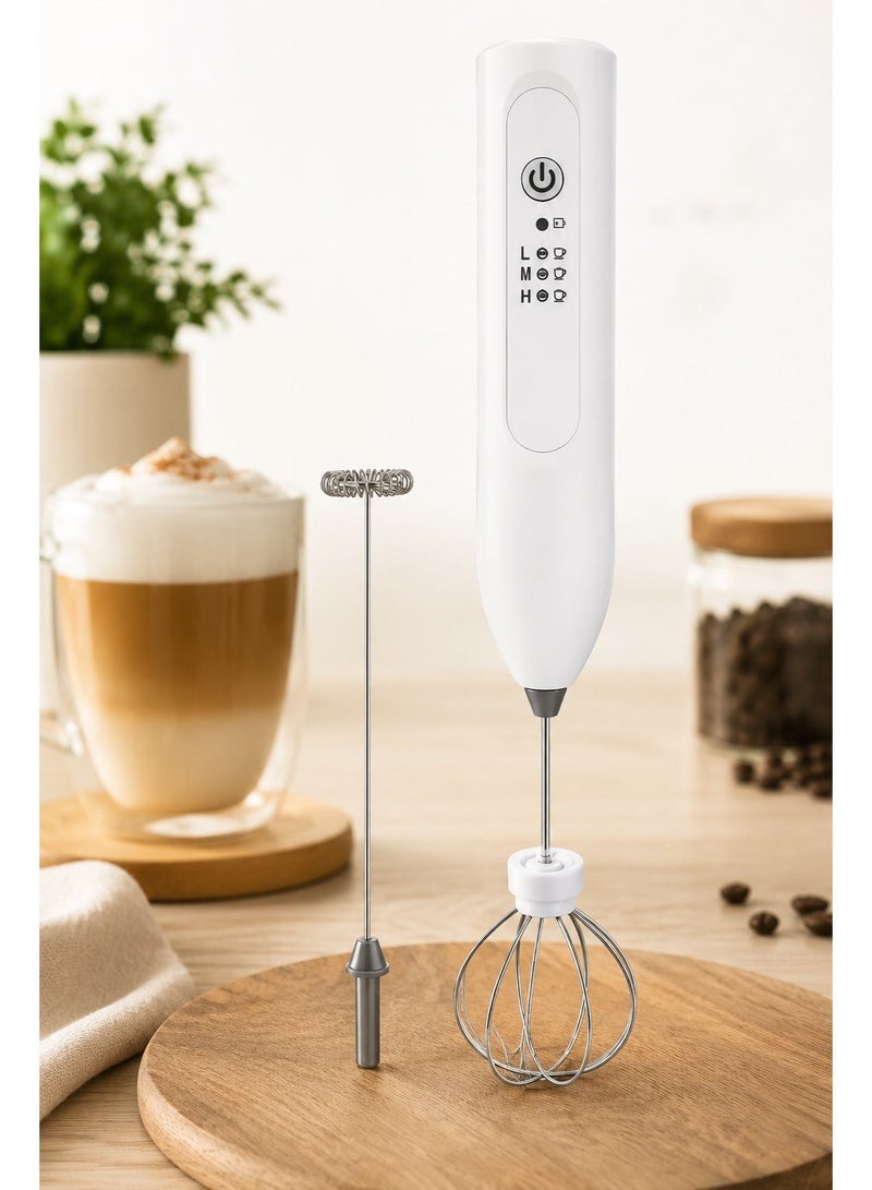 Shopit High Speed Milk Frother Rechargeable, Electric Handheld Coffee Mixer with 2 Interchangeable Stirrer Heads, Coffee Foam Maker, Milk Frother & Drink Mixer for Coffee, Latte, Cappuccino (White) - Image 1