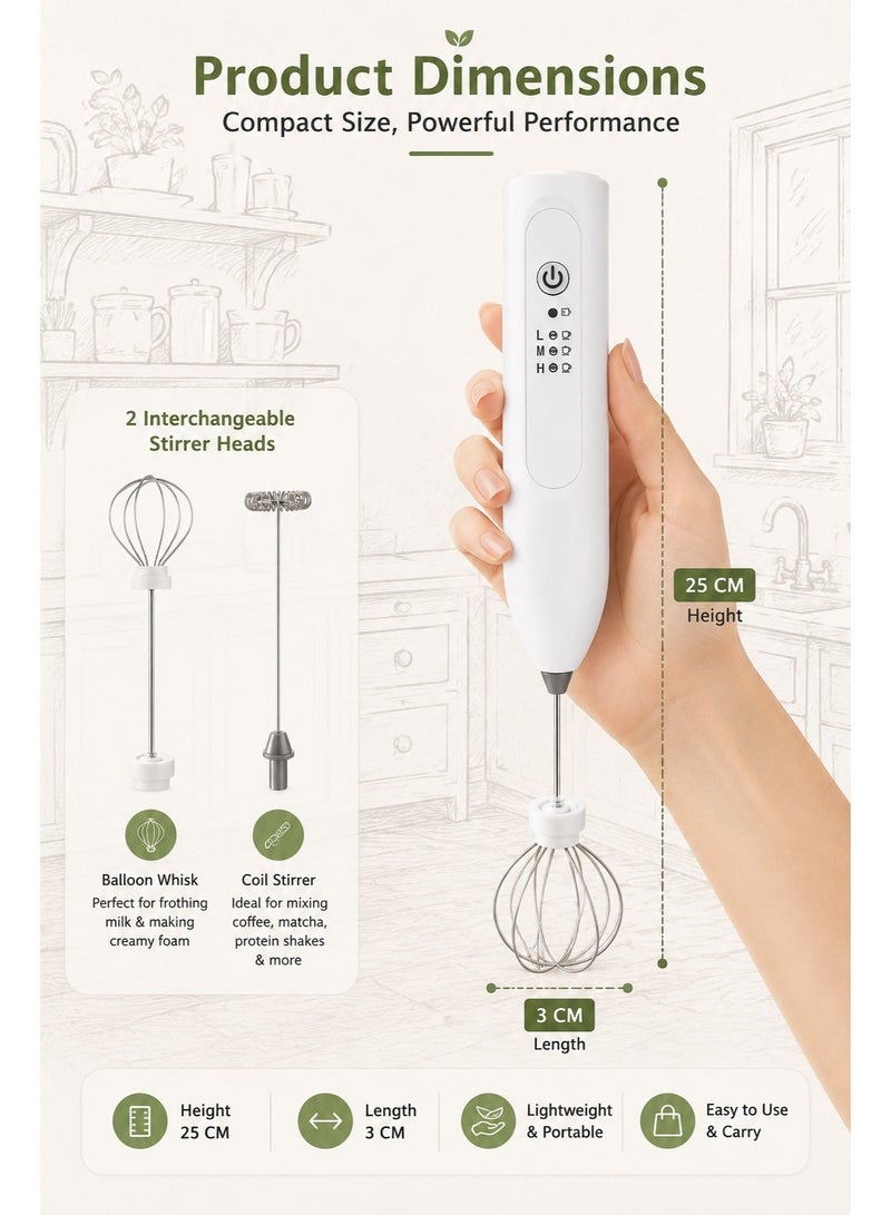 Shopit High Speed Milk Frother Rechargeable, Electric Handheld Coffee Mixer with 2 Interchangeable Stirrer Heads, Coffee Foam Maker, Milk Frother & Drink Mixer for Coffee, Latte, Cappuccino (White) - Image 2
