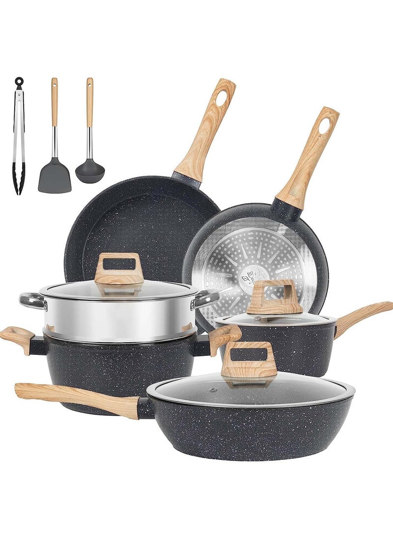 Swift 12 Pcs Kitchen Cookware Sets, Pots and Pans Set Non Stick, Induction Cookware Granite Cooking Set with Frying Pans, Saucepans, Steamer Silicone Shovel Spoon & Tongs  - Image 1